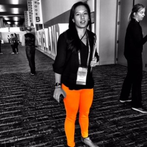 Julianna Washington, #CMWorld Online-Reg rocks in hazmat orange 5-pocket jeans.